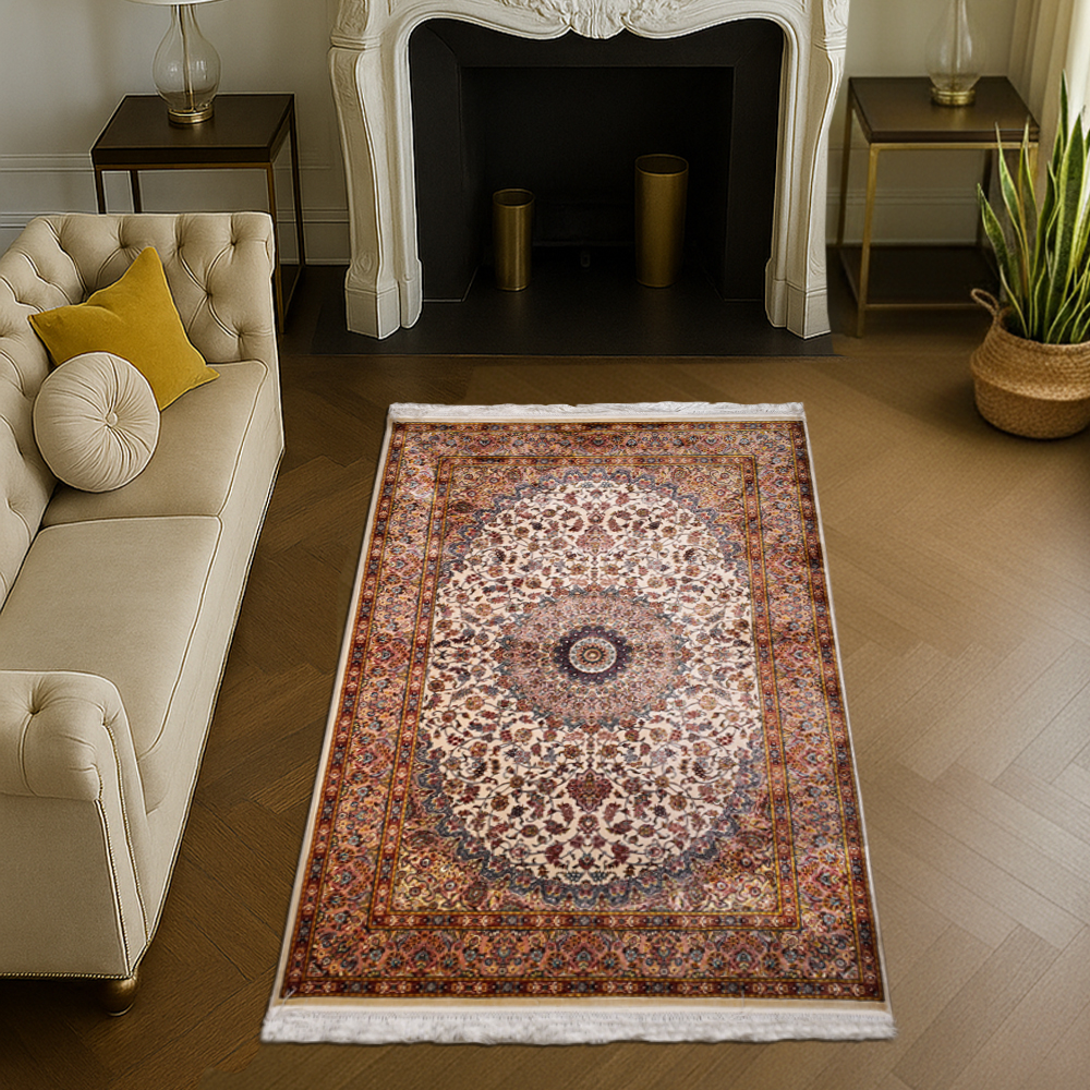 Bahar Brown Traditional Pattern Silk Carpet – Traditional Central Medallion Persian Design