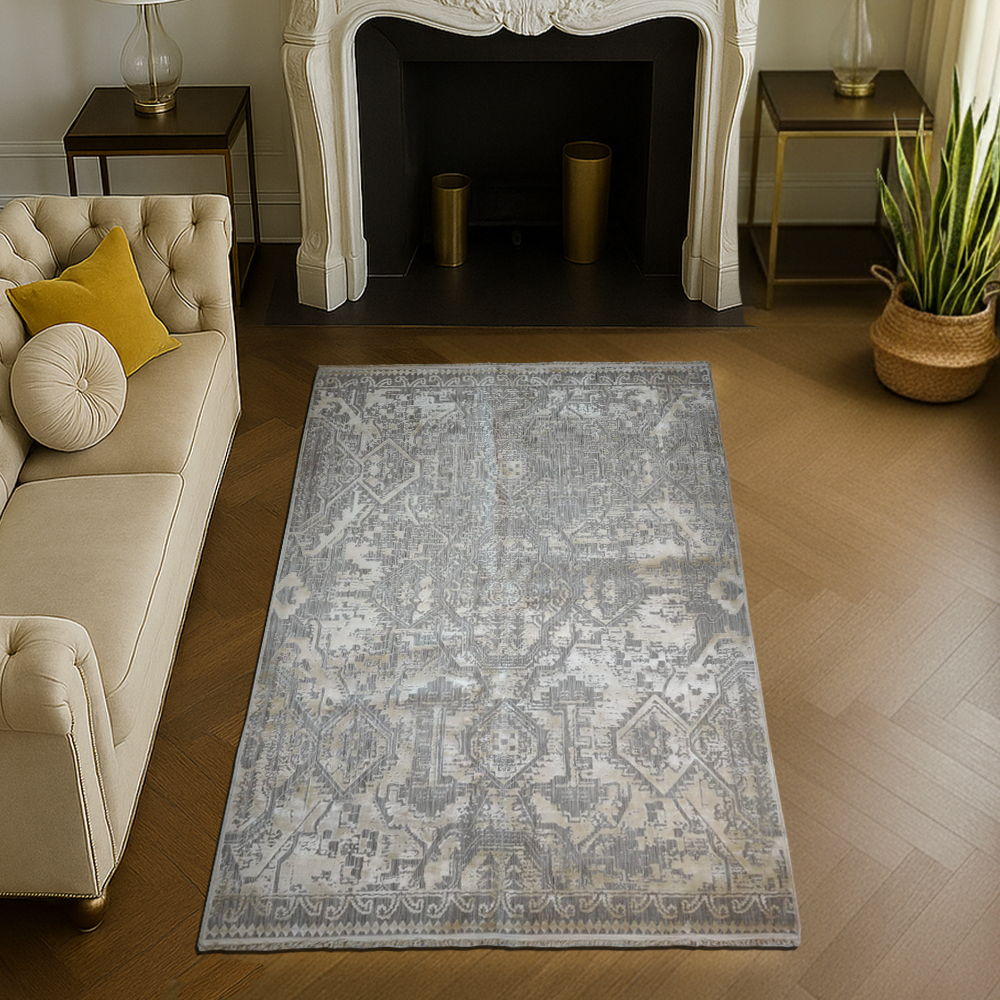 Modern Design Grey Silhouette Mosaic Silk Carpet – Contemporary Persian Fusion