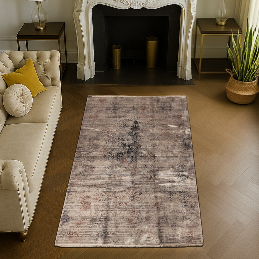 Modern Design Grey Self Mosaic Silk Carpet – Contemporary Distressed Design
