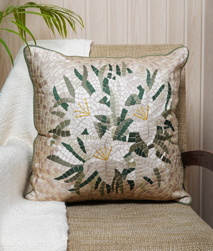 Lily Squares – Cream and Pastel Green Cotton Mosaic Embroidered Cushion