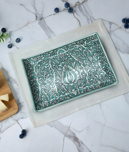 Kalamkari Sea Green Rectangular Platter Set of 2