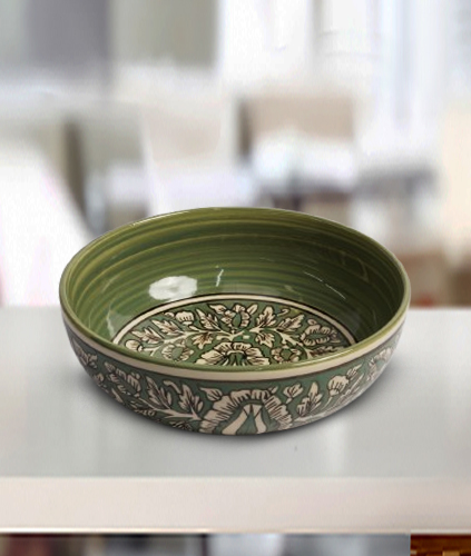 Henna Green Kalamkari Round Bowl