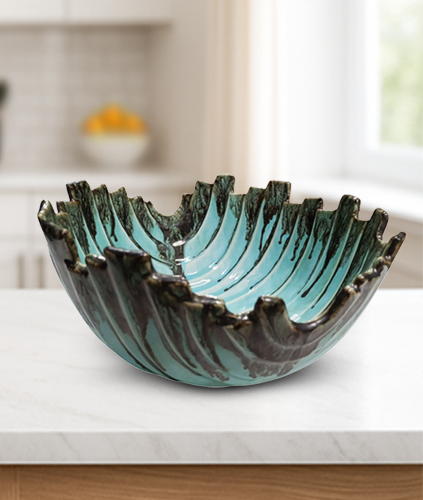 Grey Edged Ocean Blue Serving Bowl